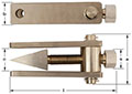 Two horizontal images of an adjustable bronze metal wedge. The image shows a large threaded bolt with a triangular tip, positioned between two horizontal plates with a circular hole positioned near the left tip of the triangle wedge.  A hexagonal adjustme